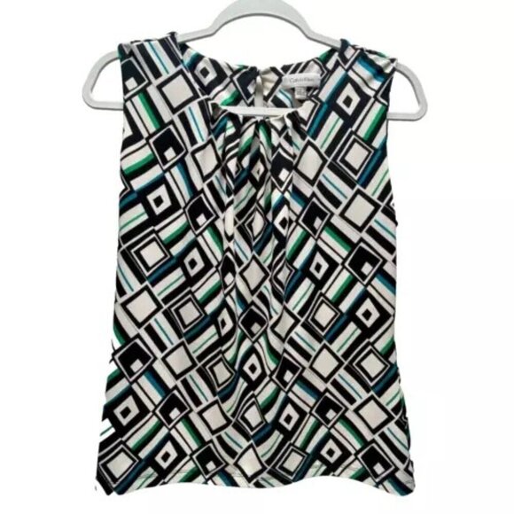 Calvin Klein Women’s Career Blouse Large Geometric Sleeveless Gathered Neck Tank - Picture 1 of 8
